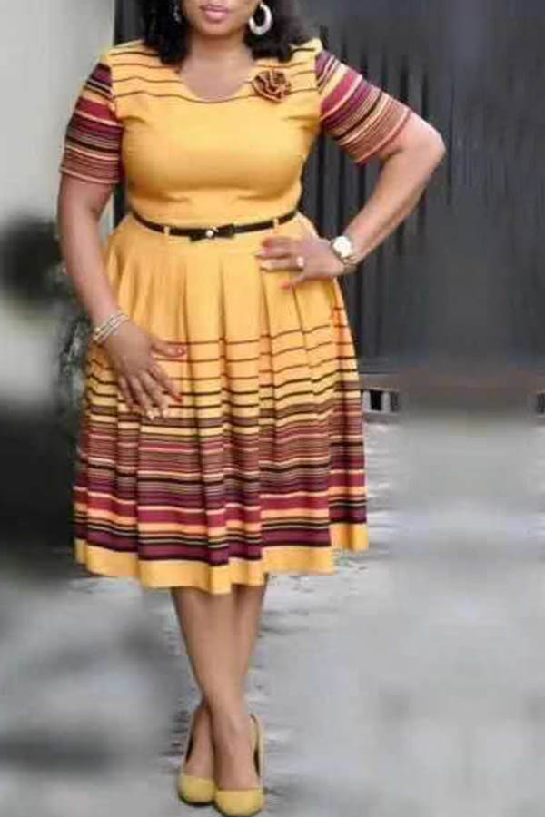 

Lovely Casual Striped Yellow Mid Calf Plus Size Dress