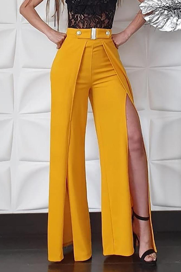 

Lovely Trendy Slit Loose Yellow Pants