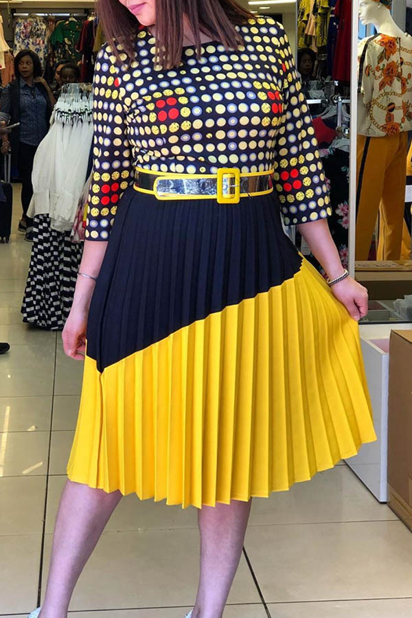 

Lovely Casual Patchwork Yellow Knee Length Plus Size Dress