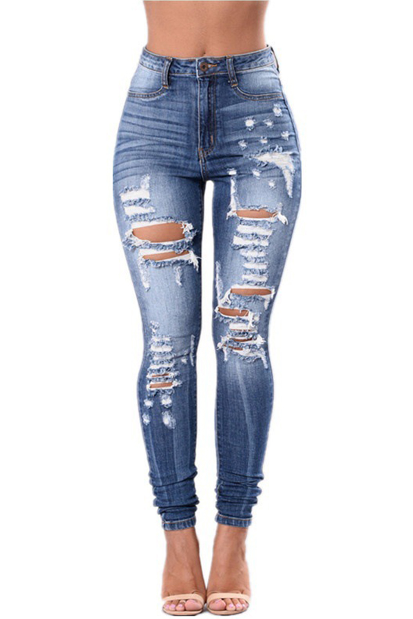 

Lovely Casual Broken Holes Blue Pants