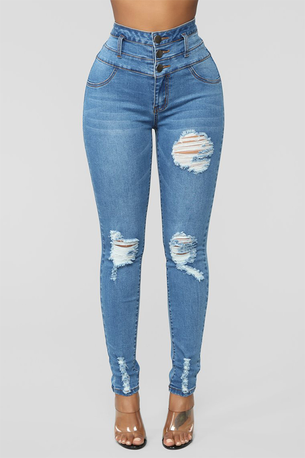 

Lovely Casual Broken Holes Baby Blue Jeans