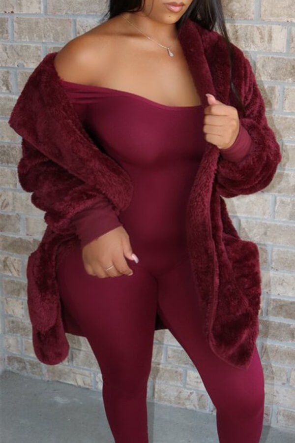 

Lovely Casual Pocket Patched Wine Red Coat