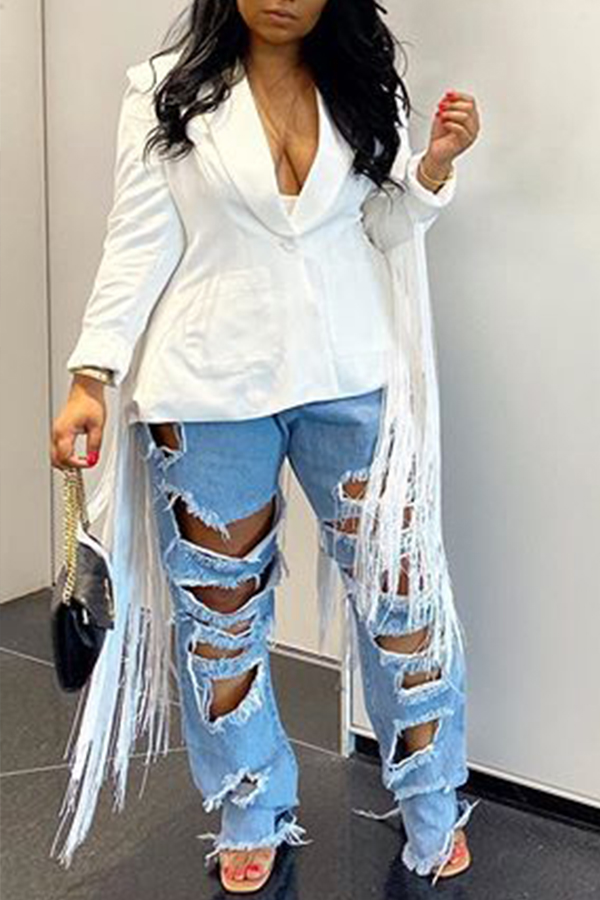 

Lovely Casual Tassel Design White Blazer