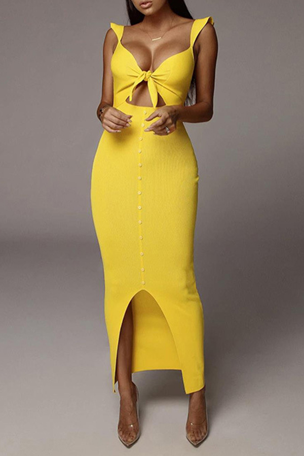 

Lovely Sweet Hollow-out Yellow Ankle Length Dress