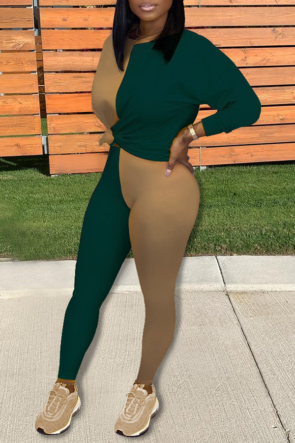 

Lovely Casual Patchwork Blackish Green Two-piece Pants Set, Black green