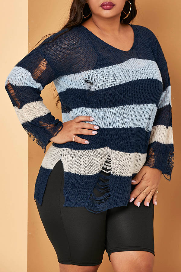 Cheap Plus Size Sweaters & Cardigans Lovely Casual Striped Blue Plus S