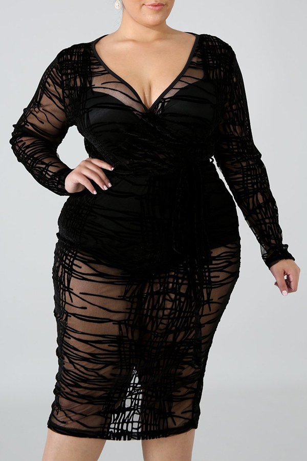 Cheap Plus Size Dress Lovely Casual V Neck See-through Black Knee Leng