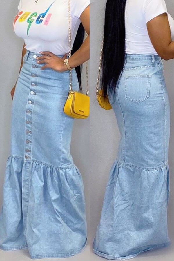 

Lovely Casual Patchwork Baby Blue Skirt