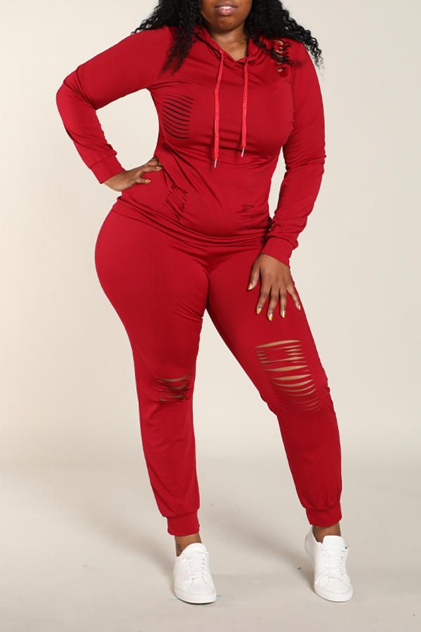 

Lovely Casual Broken Holes Wine Red Plus Size Two-piece Pants Set