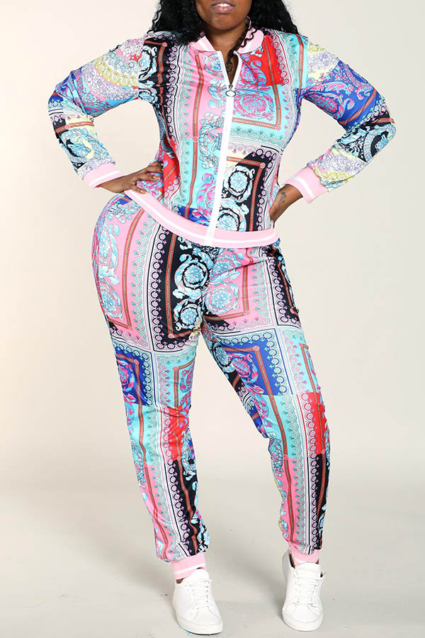 

Lovely Sportswear Printed Multicolor Plus Size Two-piece Pants Set, Multi