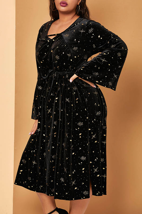 

Lovely Casual V Neck Printed Black Mid Calf Plus Size Dress