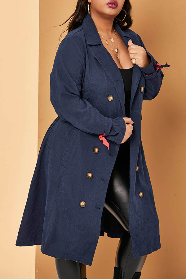 Cheap Plus Size Trench Coats Lovely Casual Buttons Design Deep Blue Pl