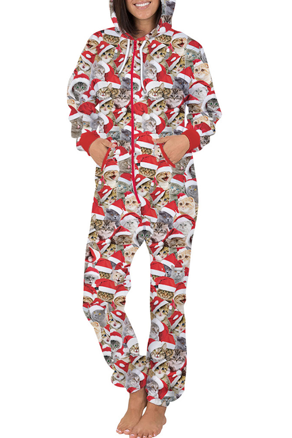 

Lovely Christmas Day Printed Red One-piece Jumpsuit