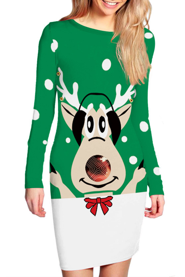 

Lovely Christmas Day Printed Green Mini Dress