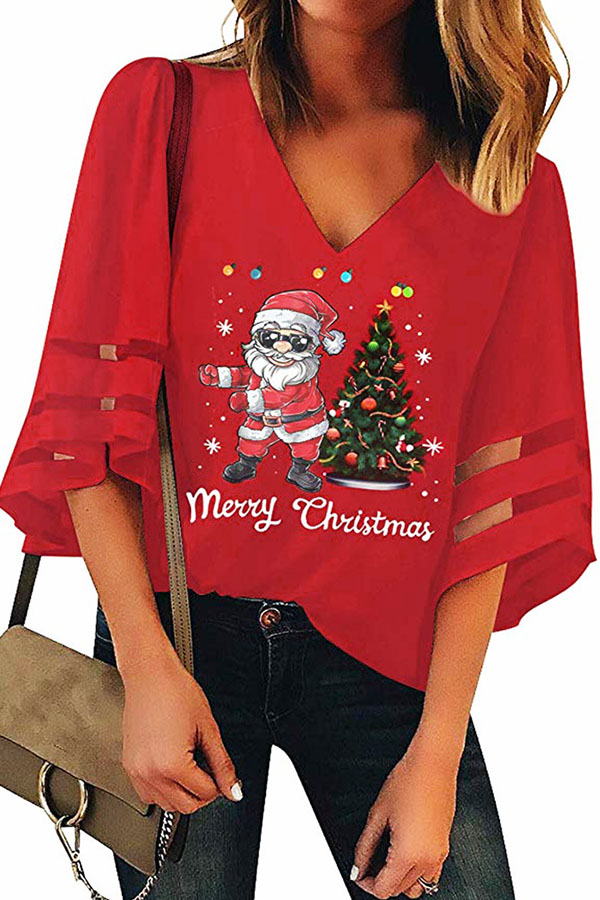 Lovely Christmas Day Printed Red Blouse