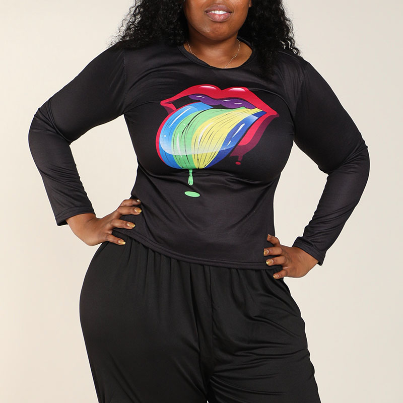 

Lovely Casual Lip Printed Black Plus Size T-shirt