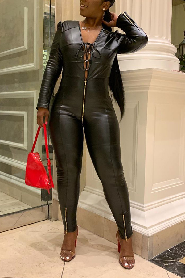 

Lovely Casual Bandage Design Black One-piece Jumpsuit