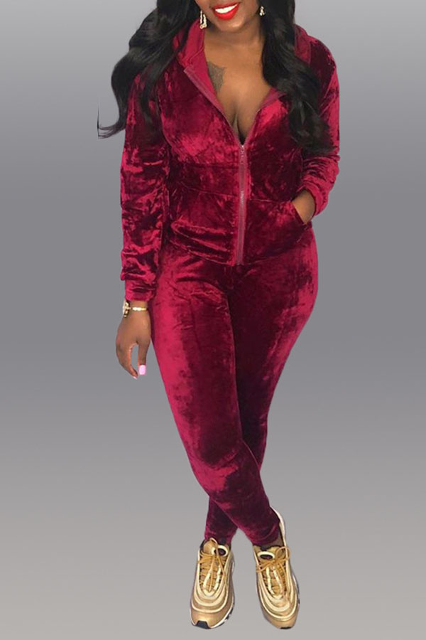 

Lovely Leisure Hooded Collar Zipper Design Wine Red Two-piece Pants Set