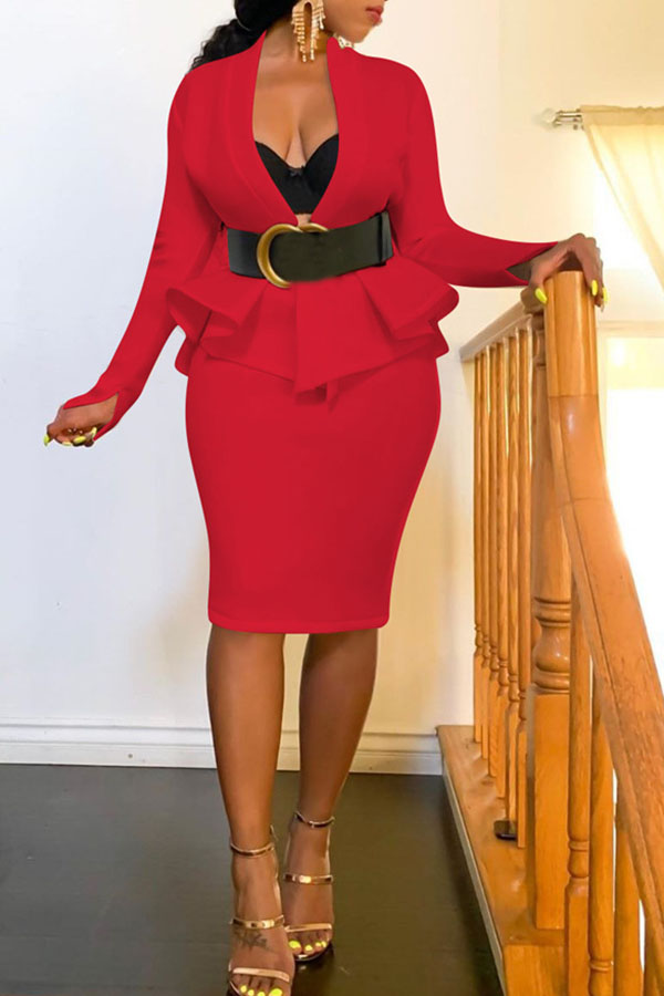 

Lovely Work V Neck Flounce Design Red Two-piece Skirt Set
