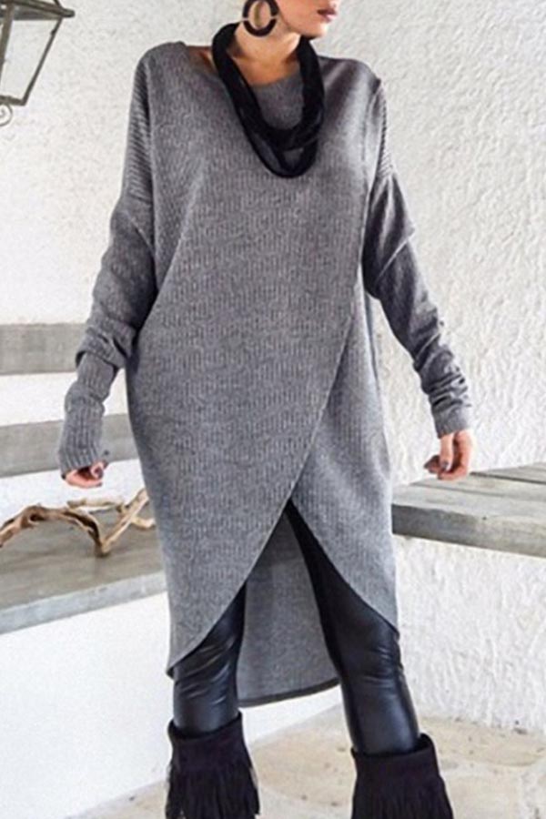 

Lovely Casual O Neck Asymmetrical Dark Blue Blouse, Dark grey