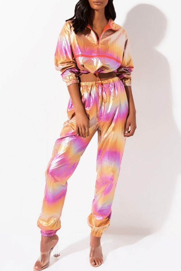 

Lovely Sweet Turndown Collar Printed Pink Two-piece Pants Set
