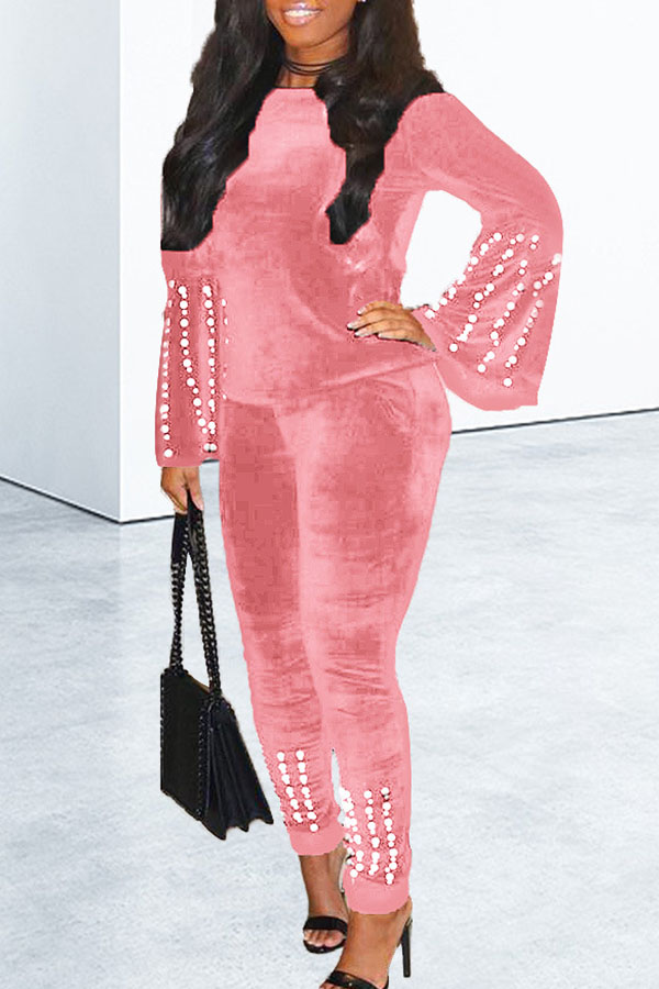 

Lovely Casual O Neck Nail Bead Design Pink Two-piece Pants Set