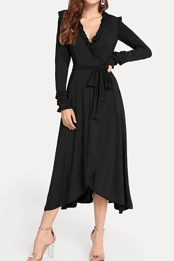 

Lovely Sweet V Neck Side Slit Black Mid Calf Dress
