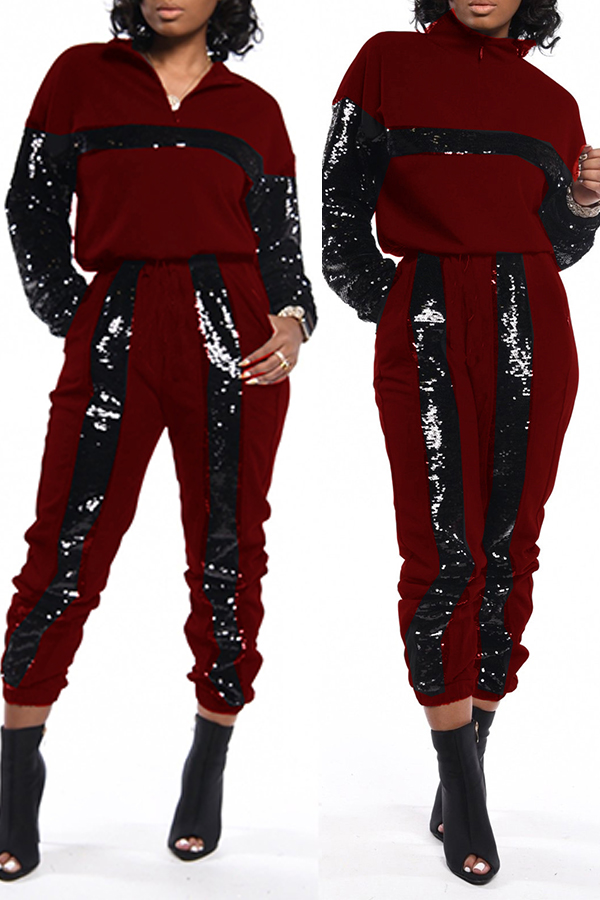 

Lovely Casual Patchwork Wine Red Two-piece Pants Set