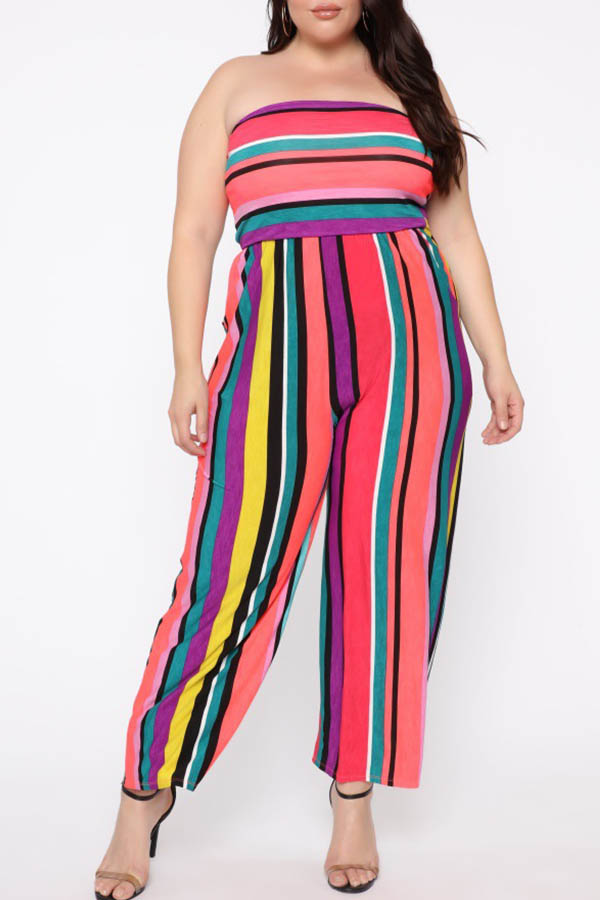 

Lovely Casual Striped Multicolor Plus Size One-Piece Jumpsuit, Multi