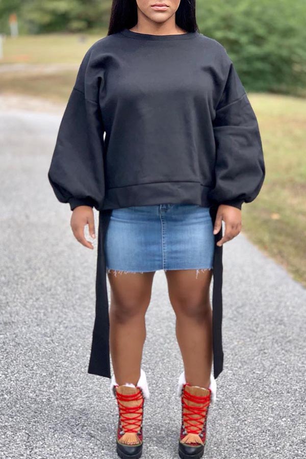 

Lovely Casual O Neck Lace-up Black Sweatshirt Hoodie