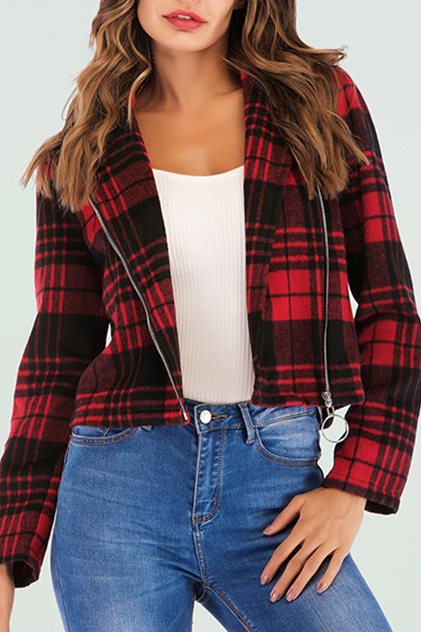 

Lovely Trendy Grids Printed Red And Black Coat, Red and black check