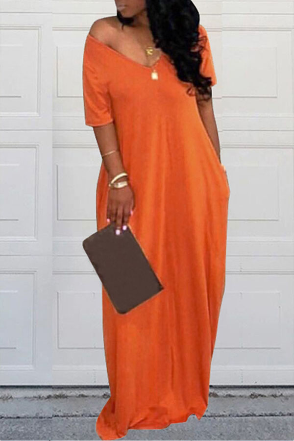 Lovely Casual Pockets Design Yellow Blending Floor Length Dress