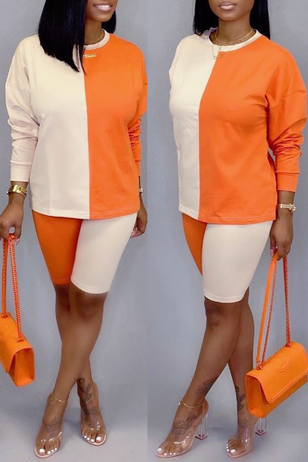 

Lovely Trendy Color-lump Patchwork Orange Two-piece Shorts Set