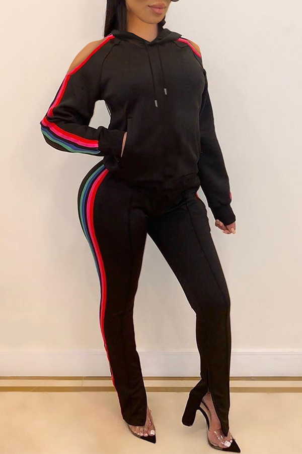 

Lovely Casual Hooded Collar Patchwork Black Two-piece Pants Set