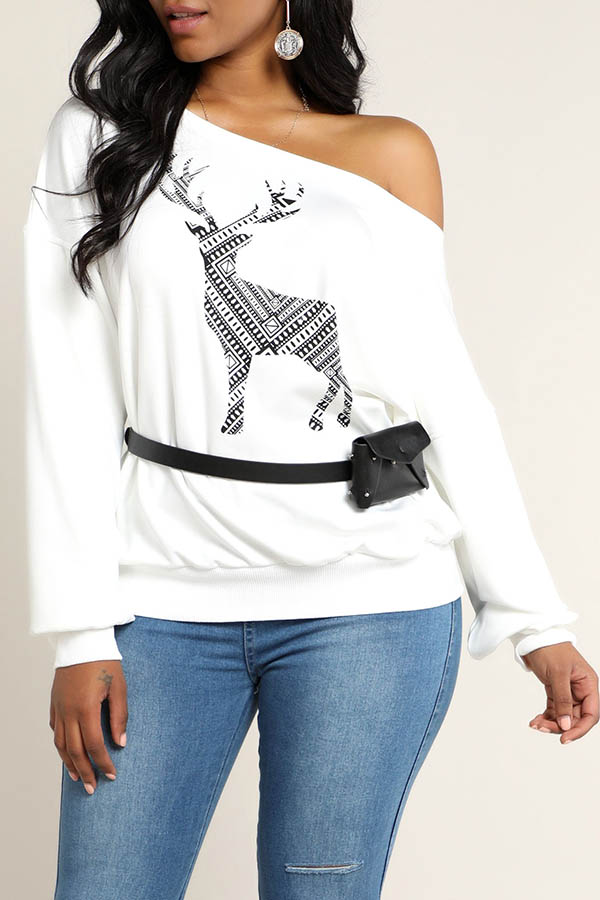 

Lovely Casual O Neck Printed White Sweatshirt Hoodie