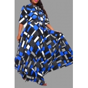Lovely Casual Printed Blue Floor Length Plus Size 