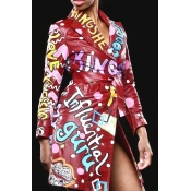 Lovely Casual Turndown Collar Printed Red Coat