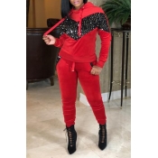 Lovely Casual Hooded Collar Patchwork Red Two-piec
