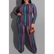 Lovely Casual Striped Green Plus Size Two-piece Pa