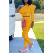 Lovely Casual One Shoulder Yellow Two-piece Pants 
