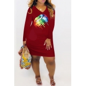 Lovely Casual Lip Printed Wine Red Mini Dress