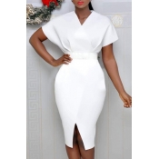 Lovely Trendy V Neck White Knee Length Dress(Witho