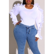 Lovely Casual Flounce White Plus Size T-shirt