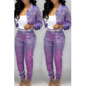 LW Casual Buttons Design Purple Two-piece Pants Se