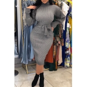 Lovely Casual Turtleneck Waist Skirt Grey Knee Len