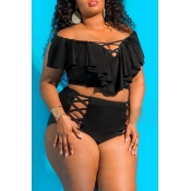 Lovely Hollow-out Black Plus Size Two-piece Swimwe