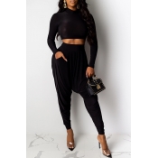 Lovely Casual Crop Top Black Two-piece Pants Set(W