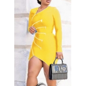 Lovely Casual V Neck Zipper Design Yellow Mini Dre