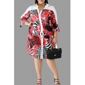 Lovely Casual Turndown Collar Printed Red Knee Len