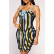 Lovely Casual Sleeveless Striped Blue Mini Dress